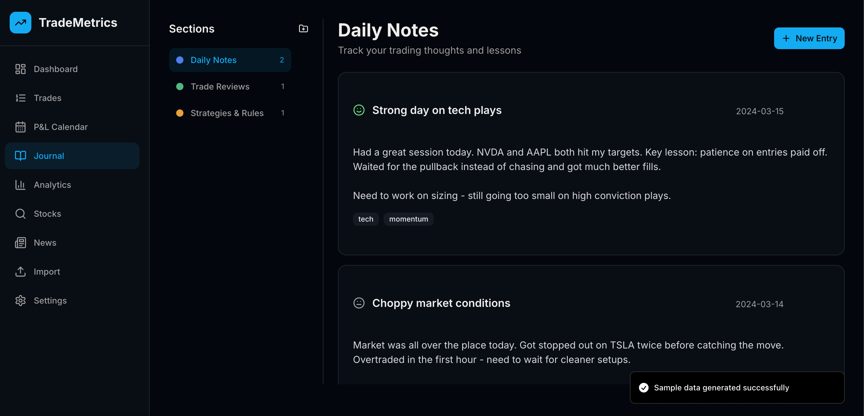 Trading journal interface with organized sections, mood tracking, and detailed trade notes
